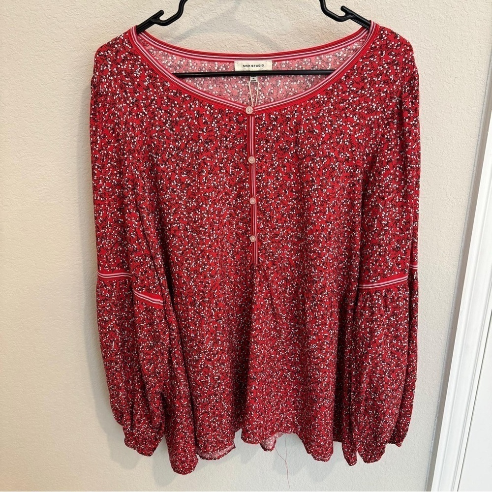 Max Studio Red Cherry Print Boho Balloon Long Sleeve Blouse. Size 2X